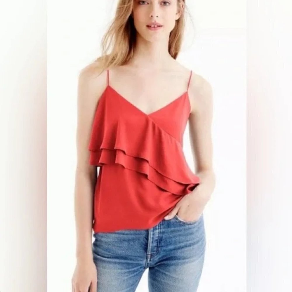 J. CREW Red Orange Coral Asymmetrical Spaghetti Strap Ruffle Blouse Top Size 4